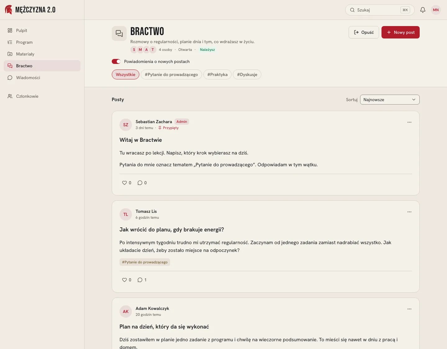 Bractwo, the M2.0 members' forum, with posts, tags and notifications