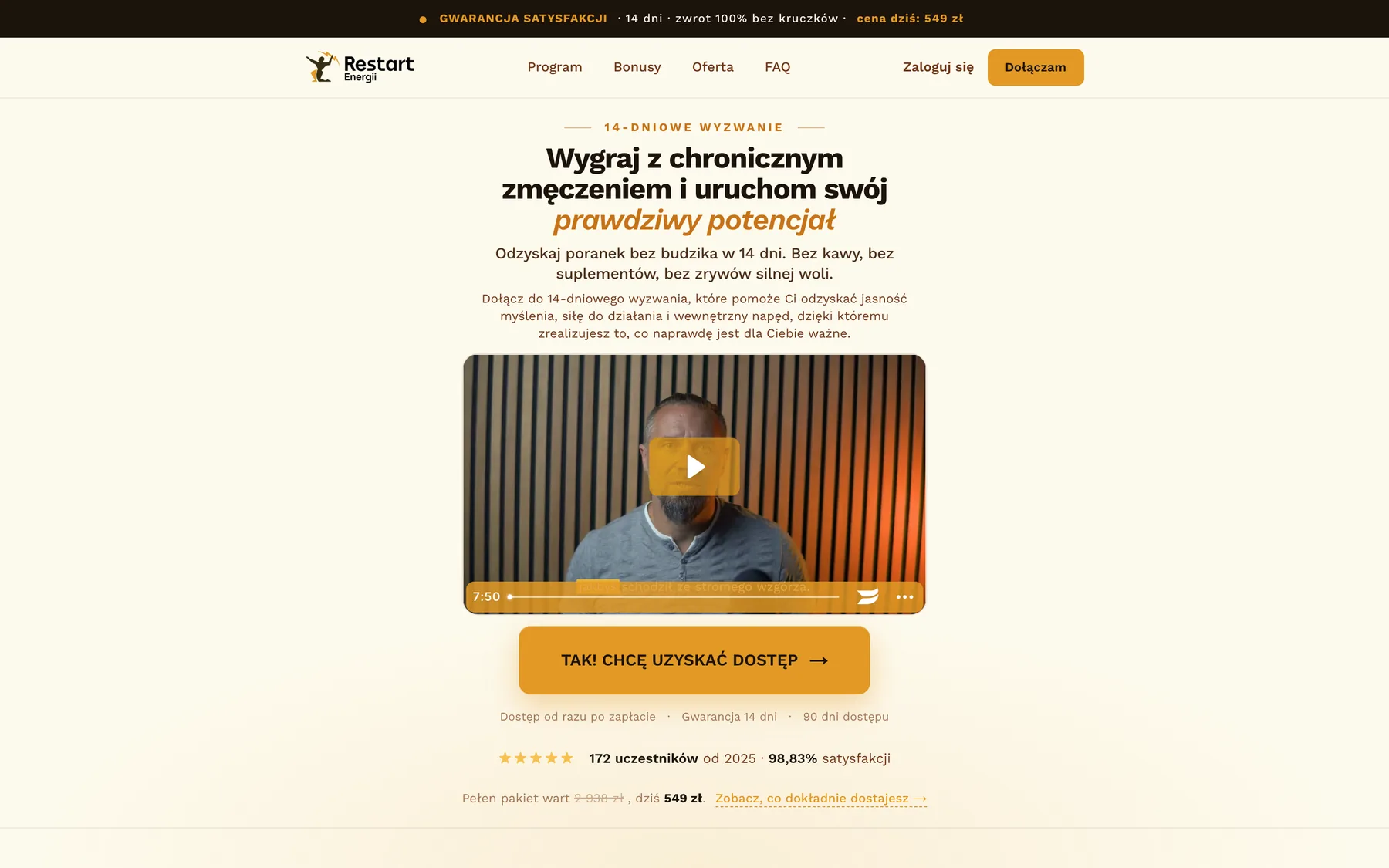 Restart Energii sales page: 14-day challenge, video and offer